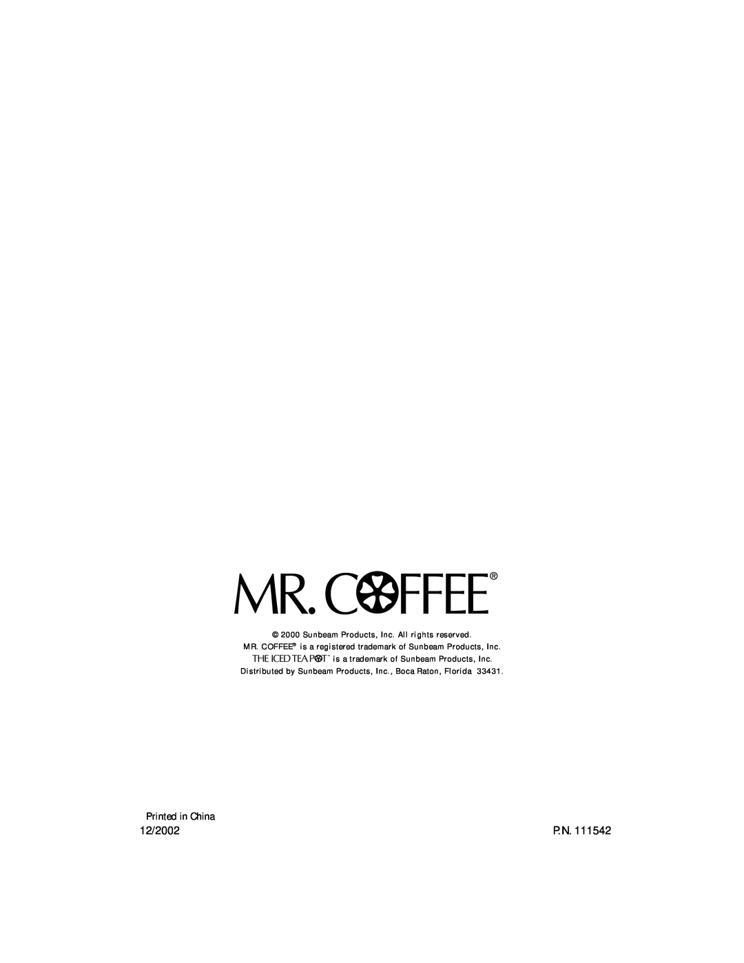 Mr. Coffee TM20 instruction manual Sunbeam Products, Inc. All rights reserved, 12/2002, P. N 