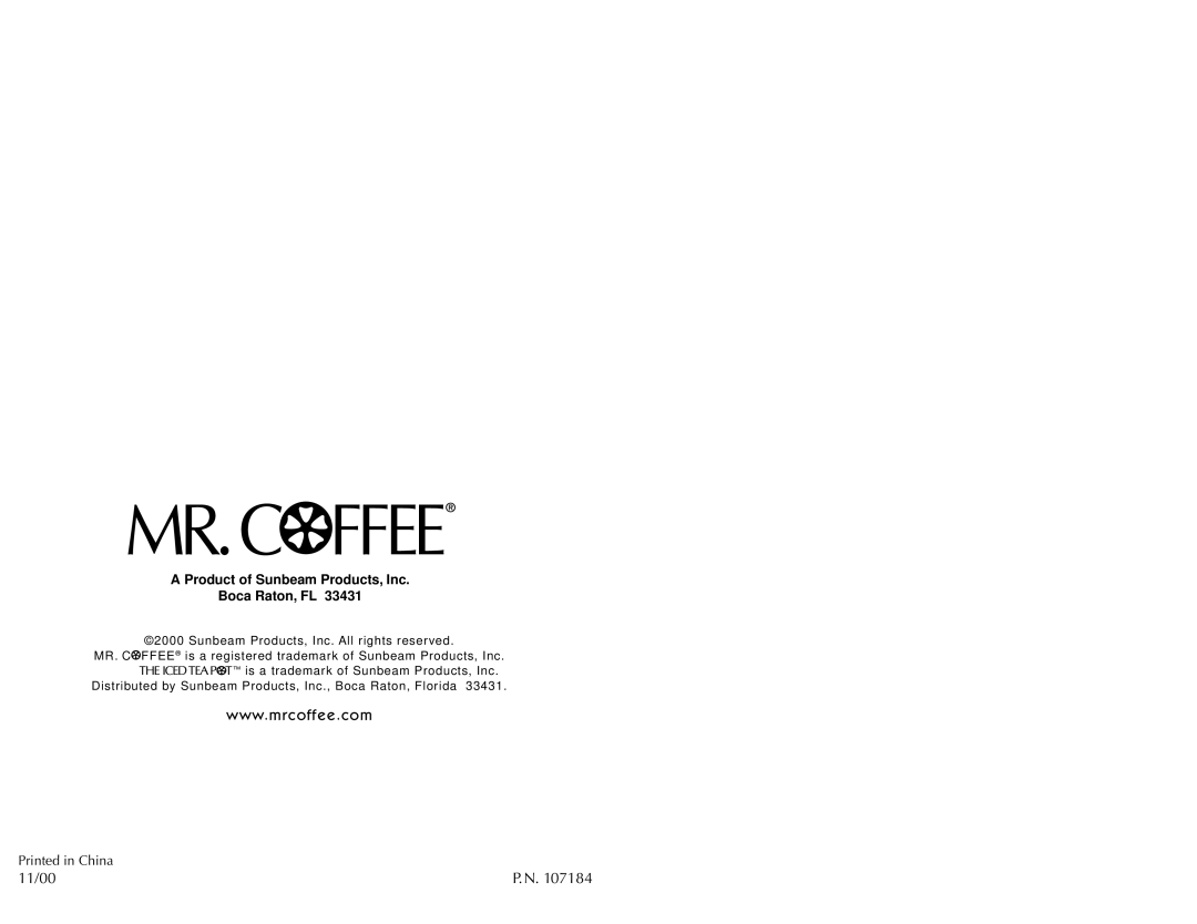 Mr. Coffee TM3 SERIES instruction manual Product of Sunbeam Products, Inc Boca Raton, FL 33431 