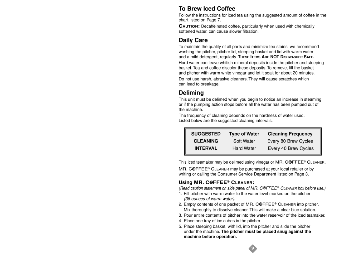 Mr. Coffee TM3 SERIES instruction manual To Brew Iced Coffee, Daily Care, Deliming 