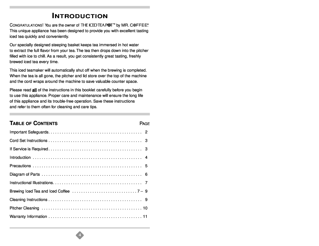 Mr. Coffee TM3 SERIES instruction manual Introduction, Table Of Contents 