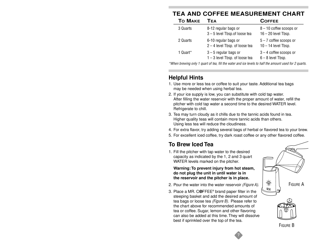 Mr. Coffee TM3 SERIES instruction manual Helpful Hints, To Brew Iced Tea, Tea And Coffee Measurement Chart, To Make 