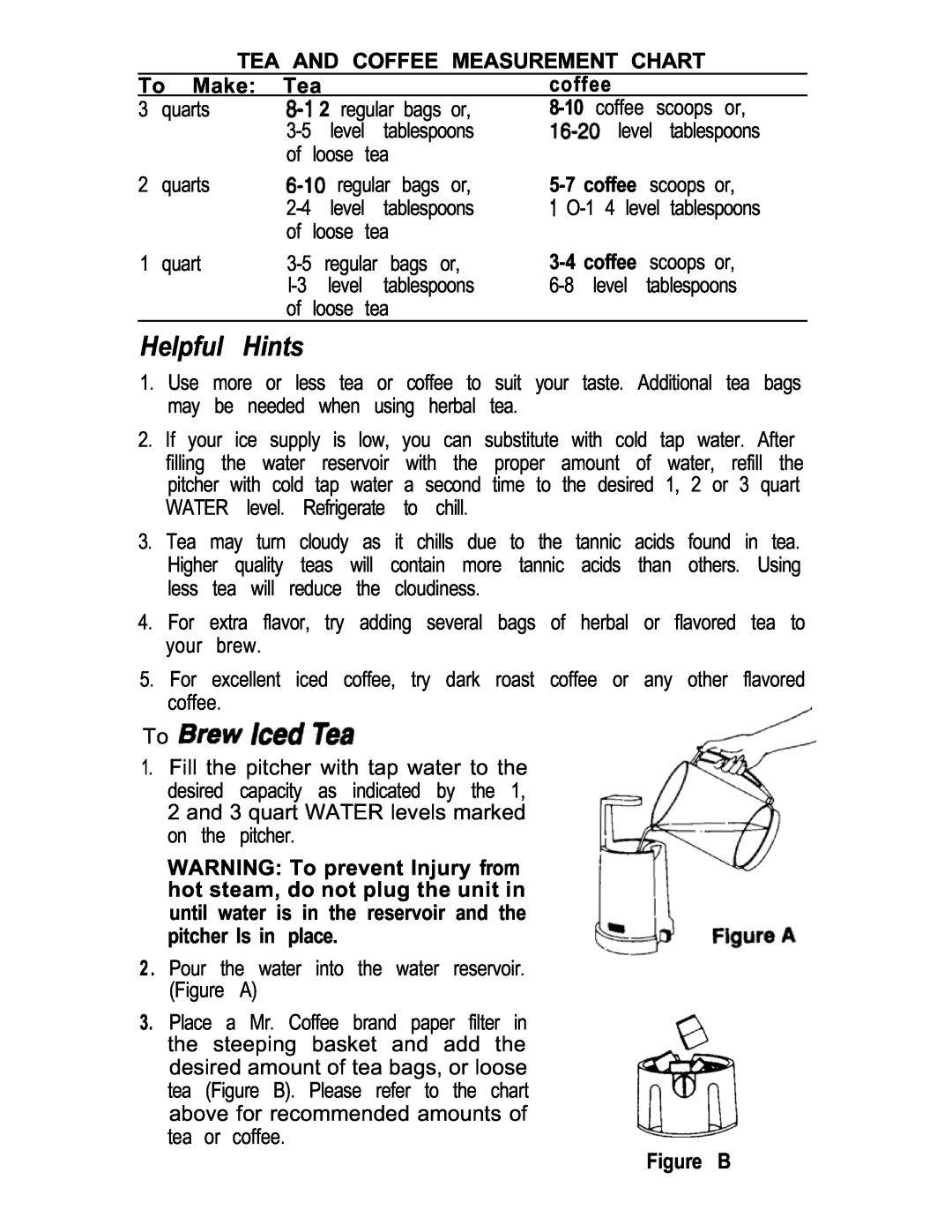 Mr. Coffee TM3 manual Helpful, Hints, Tea And Coffee Measurement Chart, To Make, coffee, Figure B 