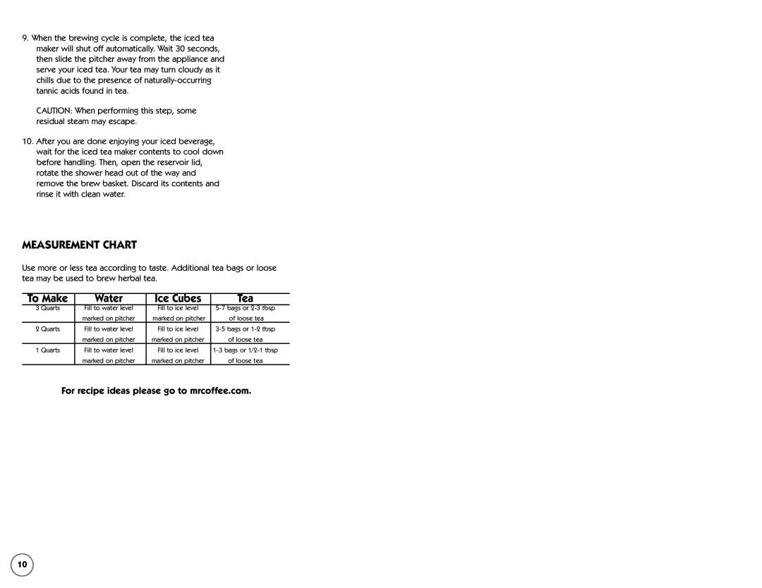 Mr. Coffee TM30 instruction manual Measurement Chart, To Make Water Ice Cubes Tea 