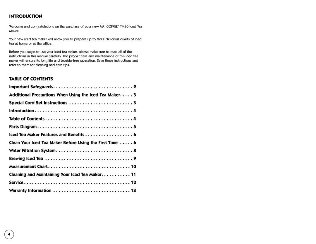 Mr. Coffee TM30 instruction manual Introduction, Table of Contents 