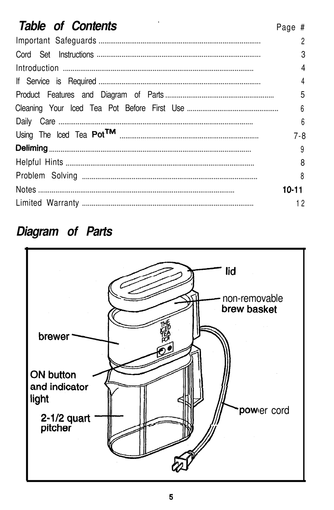 Mr. Coffee TM4 manual Contents, Diagram Parts 