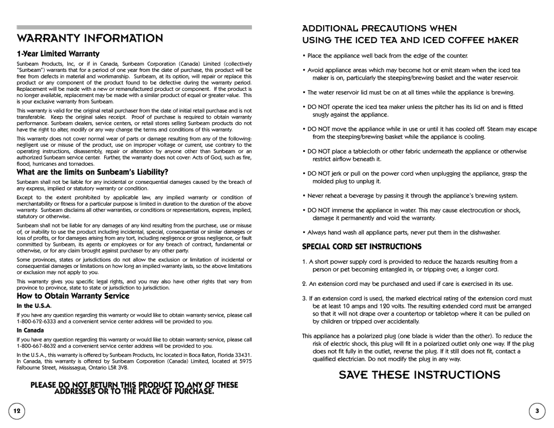 Mr. Coffee TM50 manual Year Limited Warranty, What are the limits on Sunbeam’s Liability?, How to Obtain Warranty Service 