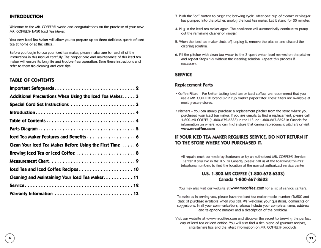 Mr. Coffee TM50 manual Introduction, Table of Contents, Service 