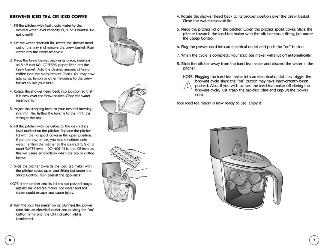 Mr. Coffee TM50 manual Brewing Iced TEA or Iced Coffee 