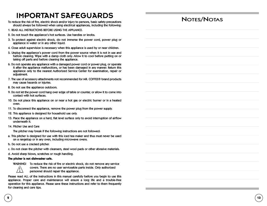 Mr. Coffee TM50 manual Important Safeguards, Notes/Notas 