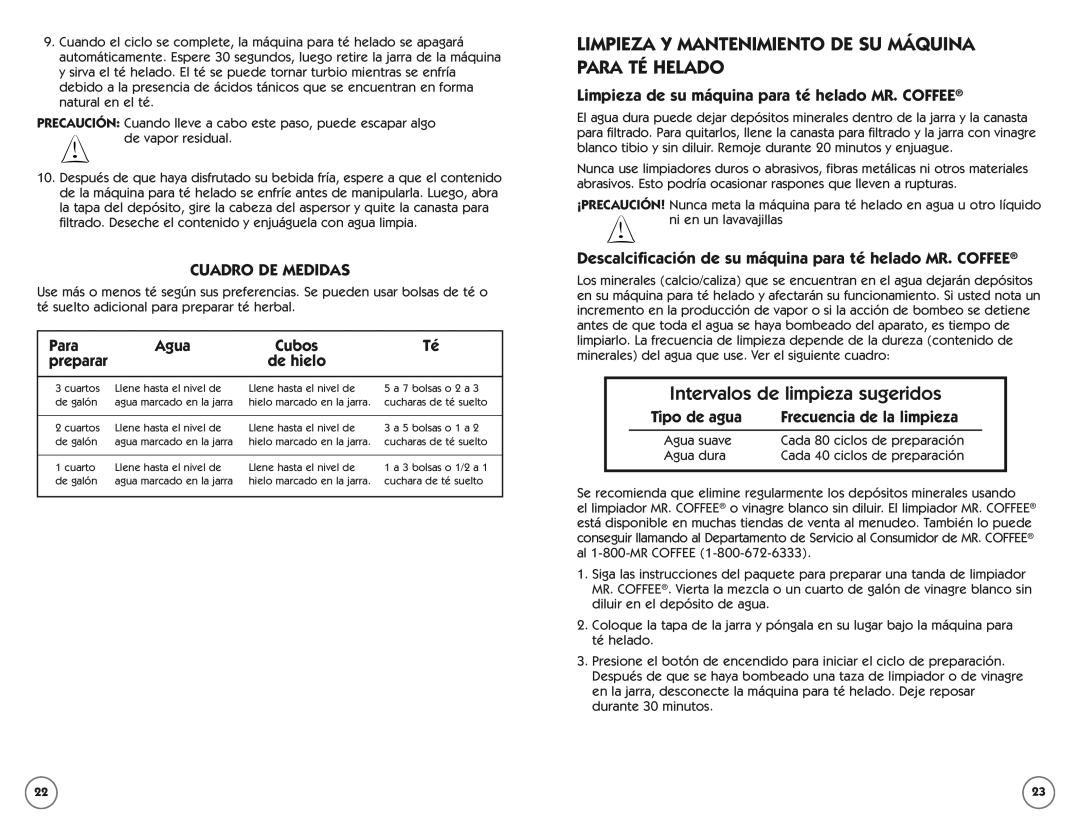 Mr. Coffee TM70 Limpieza Y Mantenimiento DE SU Máquina Para TÉ Helado, Intervalos de limpieza sugeridos, Cuadro DE Medidas 