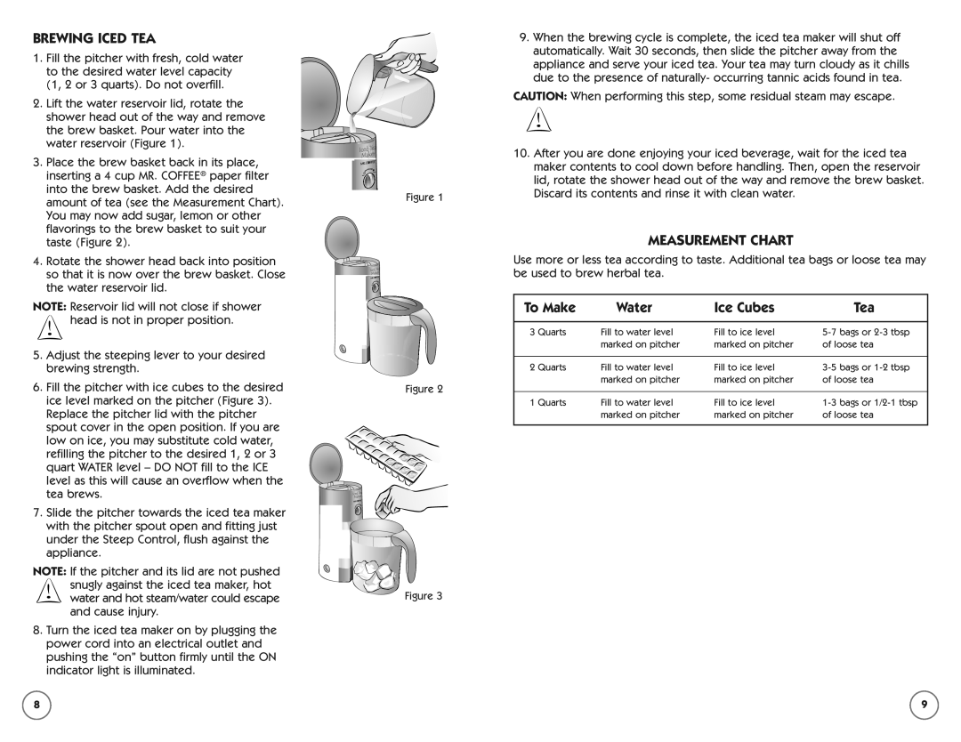 Mr. Coffee TM70 instruction manual Brewing Iced TEA, Measurement Chart, To Make Water Ice Cubes Tea 