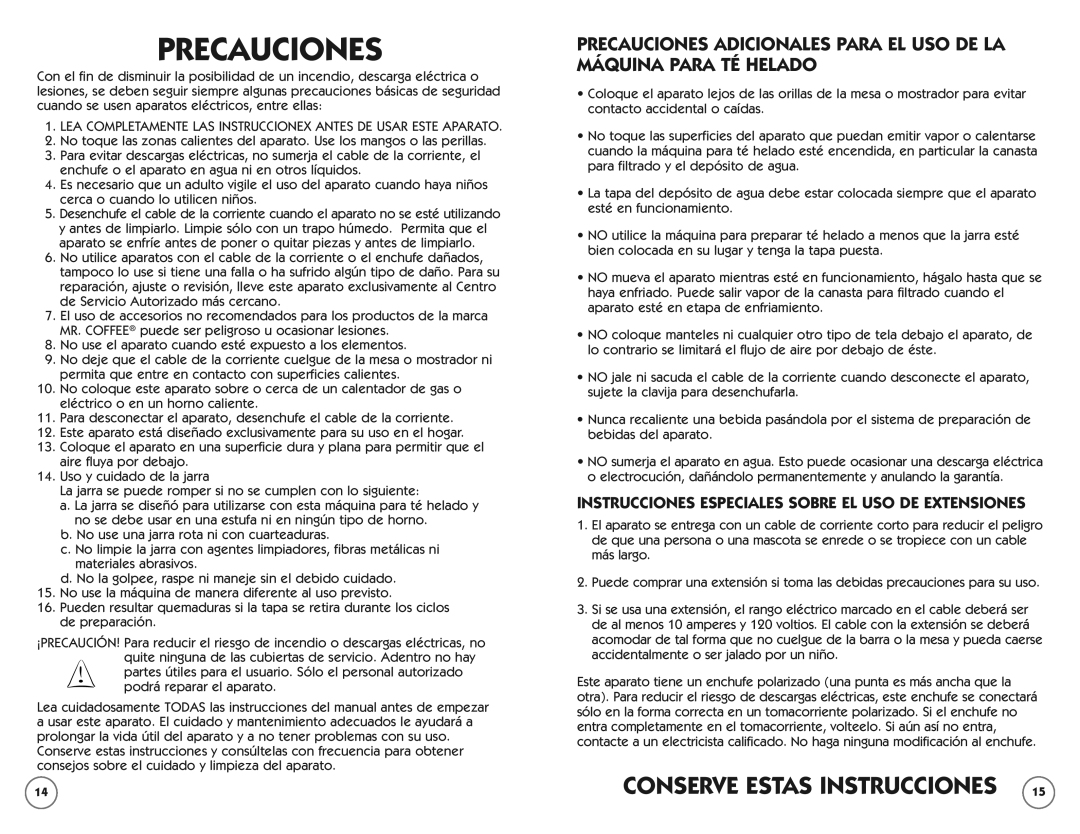 Mr. Coffee TM70 instruction manual Precauciones 