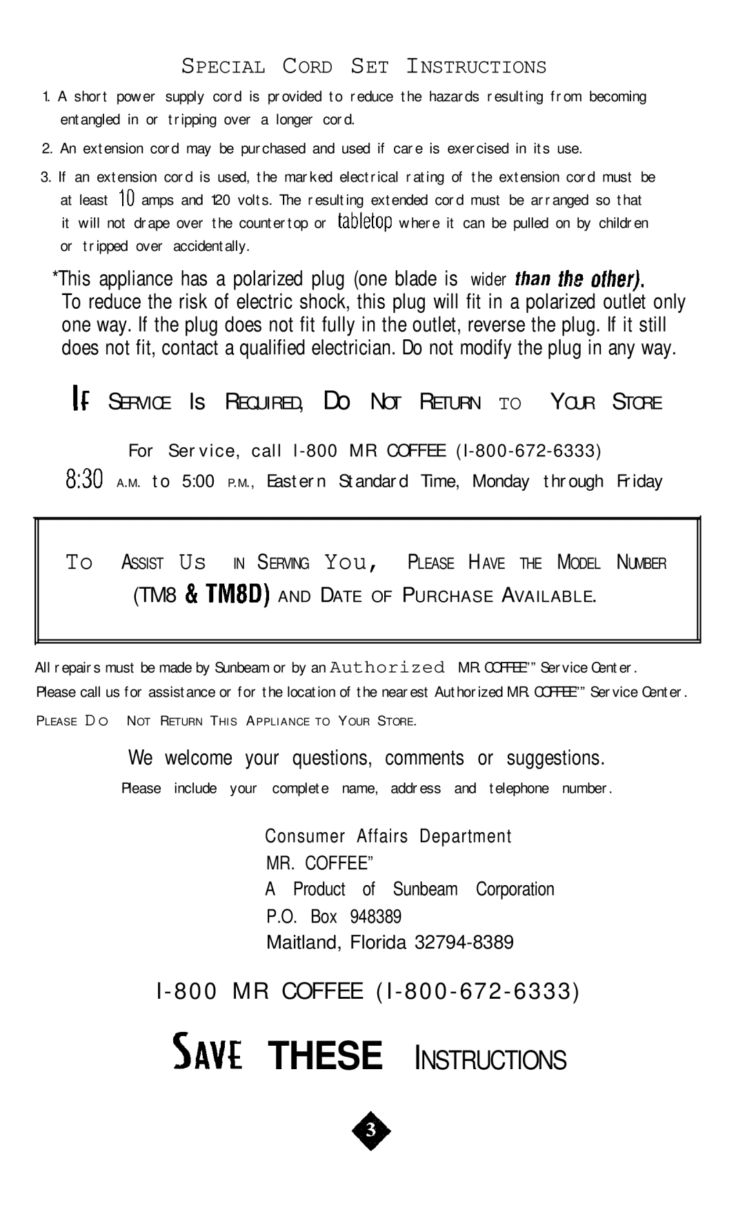 Mr. Coffee TM8D instruction manual 0 0 M R C O F F E E I 8 0 0 6 7 2 6 3 3 