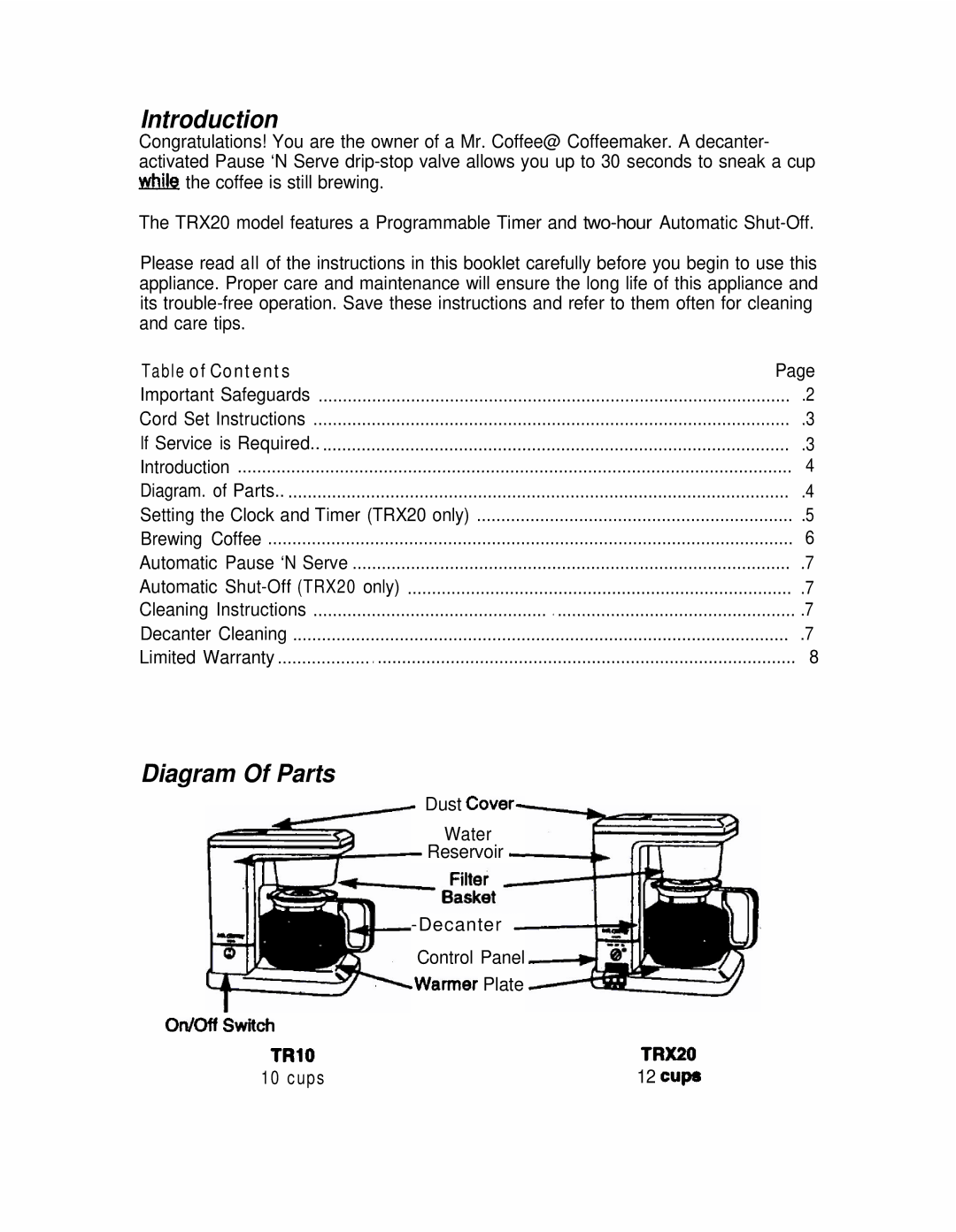 Mr. Coffee TRX20, TR10 manual Introduction, Table of Contents 