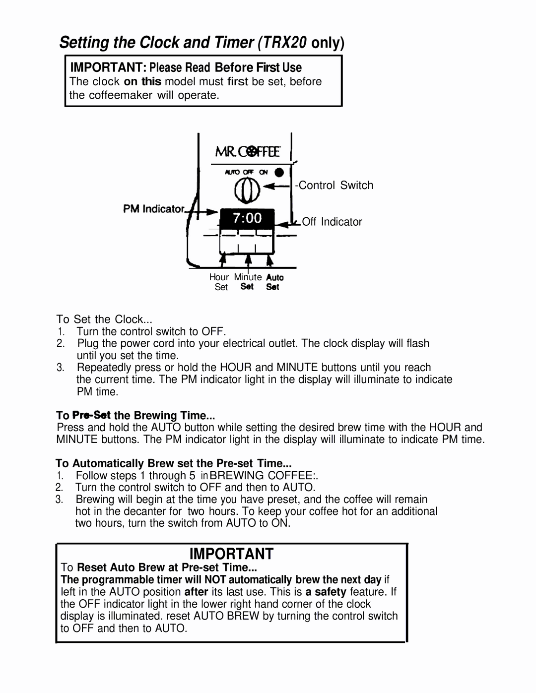 Mr. Coffee TR10, TRX20 To Prdet the Brewing Time, To Automatically Brew set the Pre-set Time, Hour Minute Auio Set set !a 