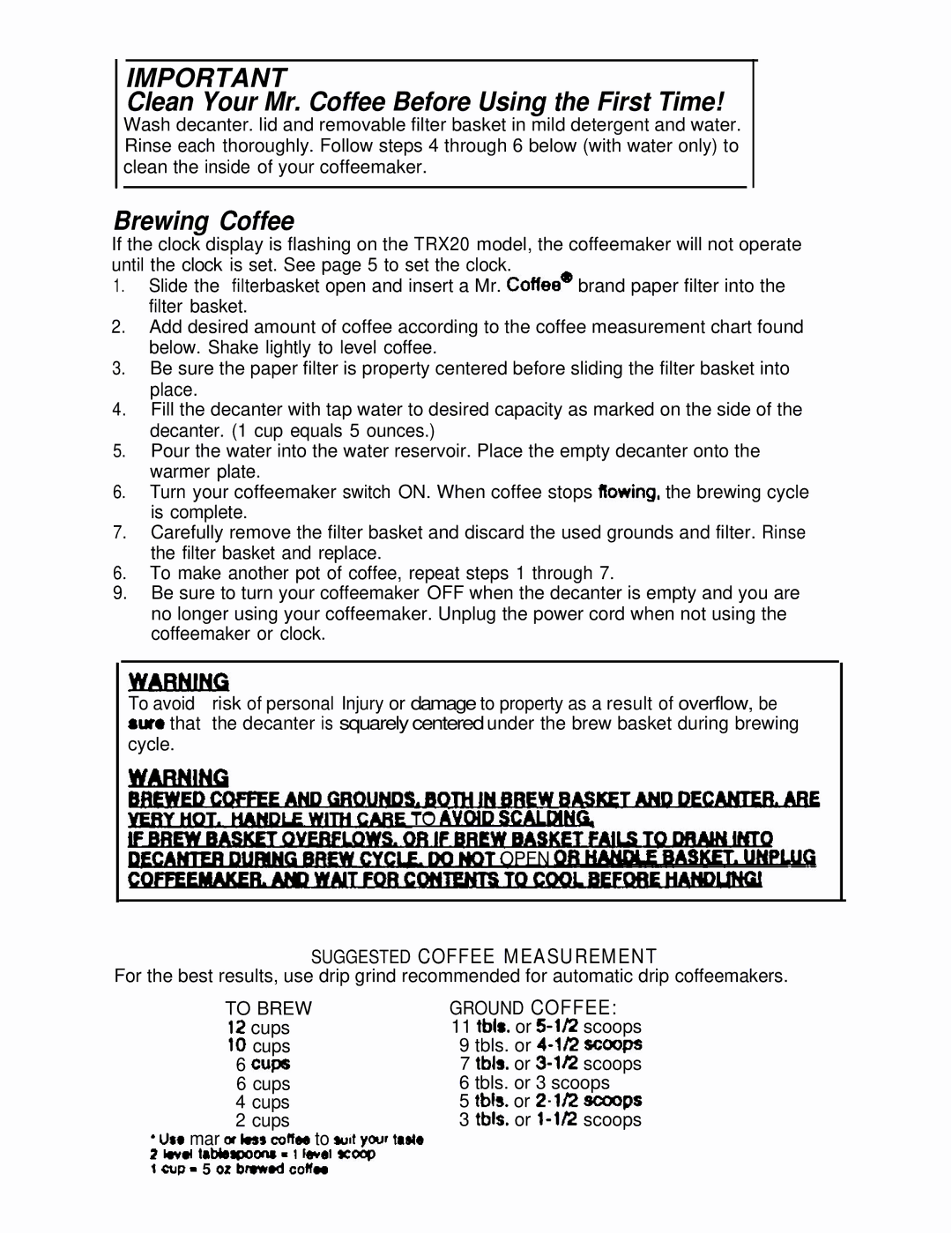 Mr. Coffee TRX20, TR10 manual Clean Your Mr. Coffee Before Using the First Time, Suggested Coffee Measurement 