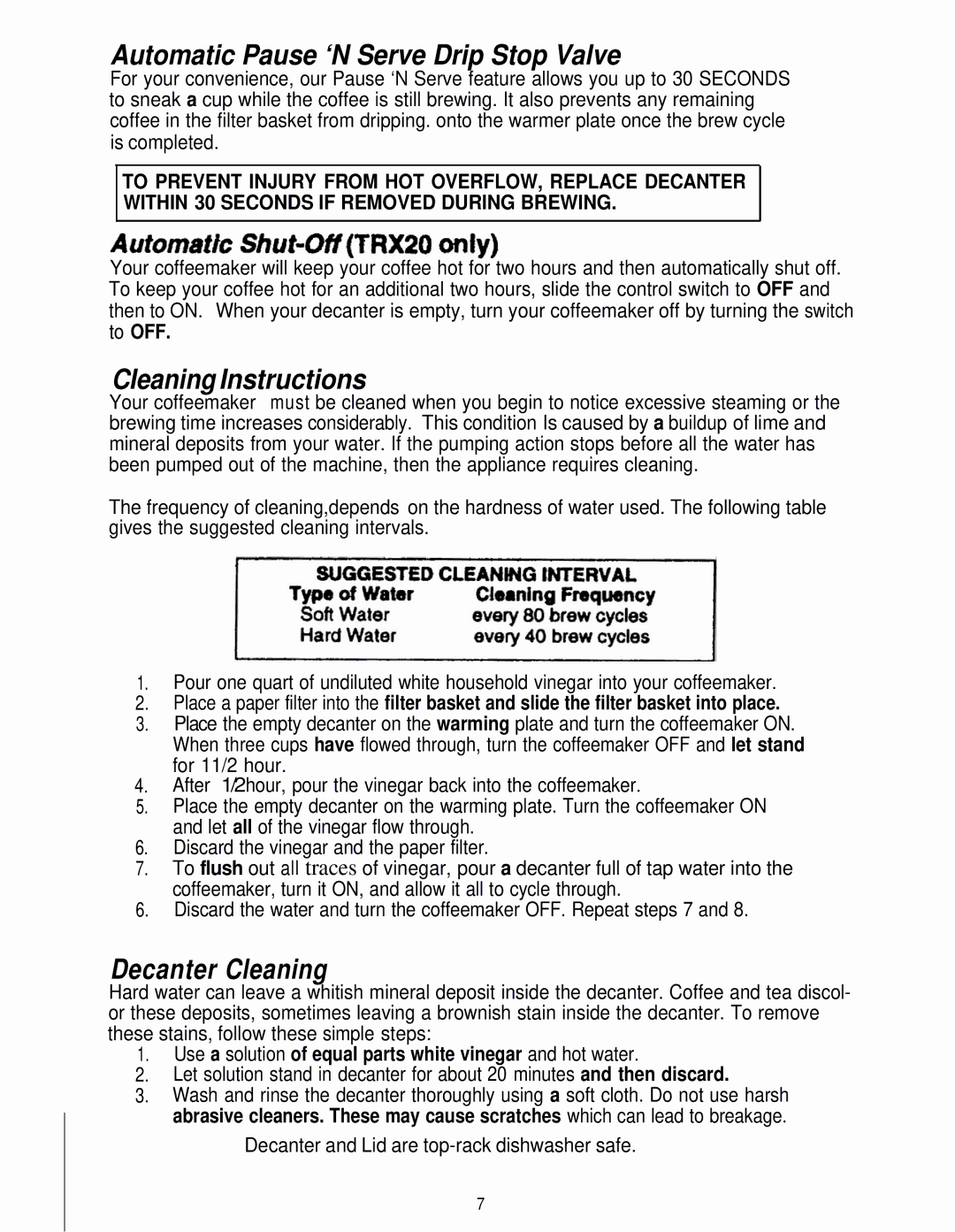 Mr. Coffee TR10, TRX20 manual Automatic Pause ‘N Serve Drip Stop Valve, CIeaning Instructions, Decanter Cleaning 