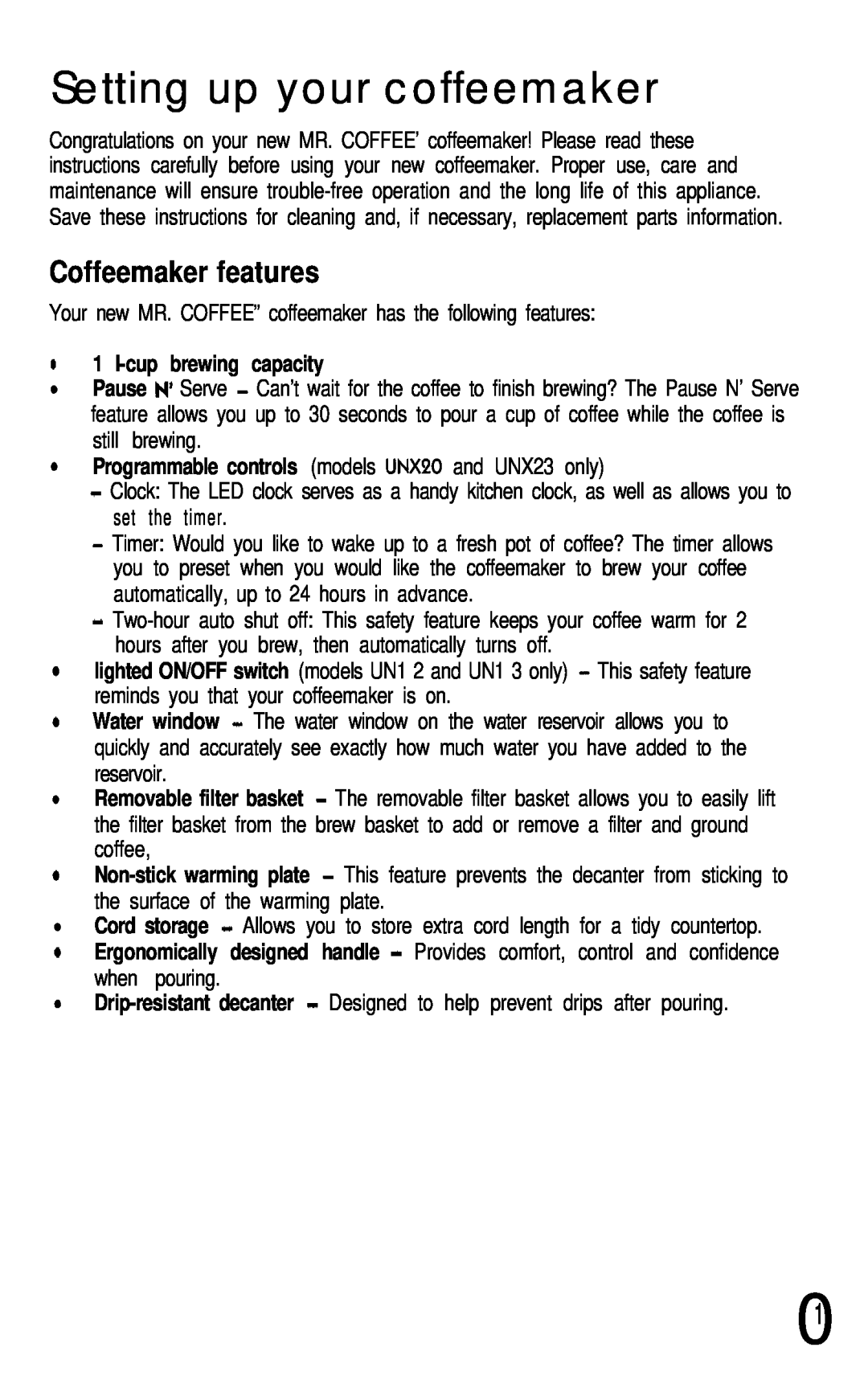 Mr. Coffee UN12 user manual Setting up your coffeemaker, Coffeemaker features 