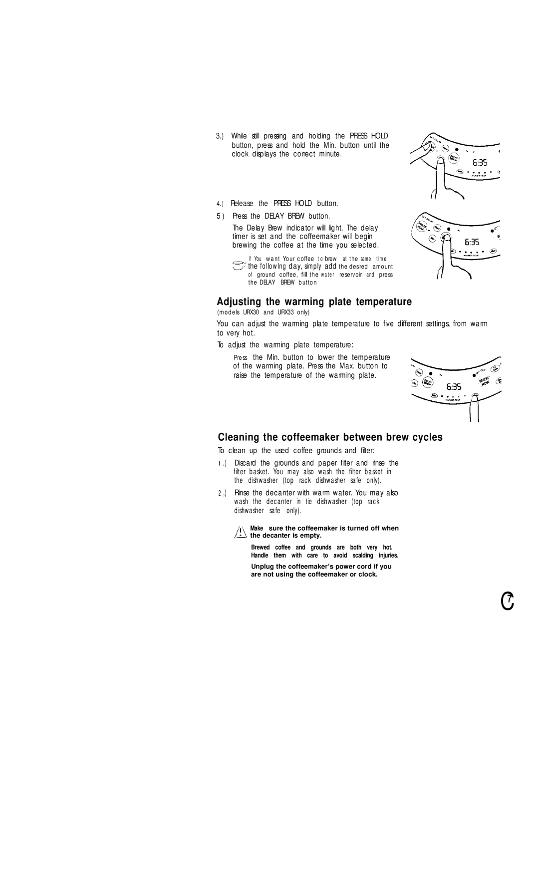 Mr. Coffee UR13, URX30, URX33, URX20 Adjusting the warming plate temperature, Cleaning the coffeemaker between brew cycles 