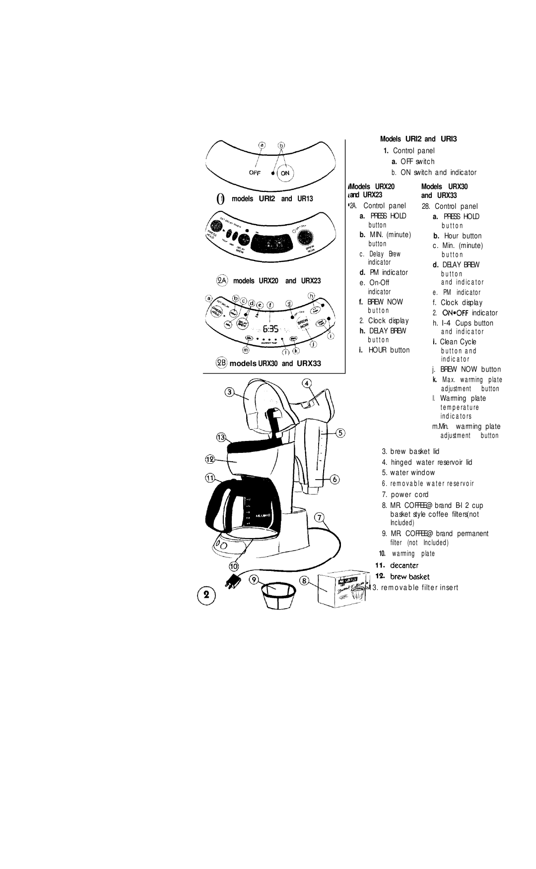 Mr. Coffee URX20, URX23, UR12, UR13 user manual Models URl2 and URl3, Models URX30 URX33 