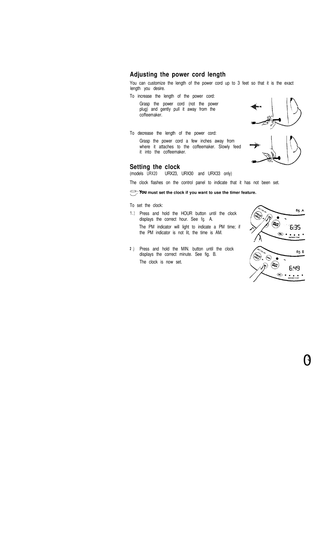 Mr. Coffee URX33, URX30, URX20, URX23, UR12, UR13 user manual Adjusting the power cord length, Setting the clock 