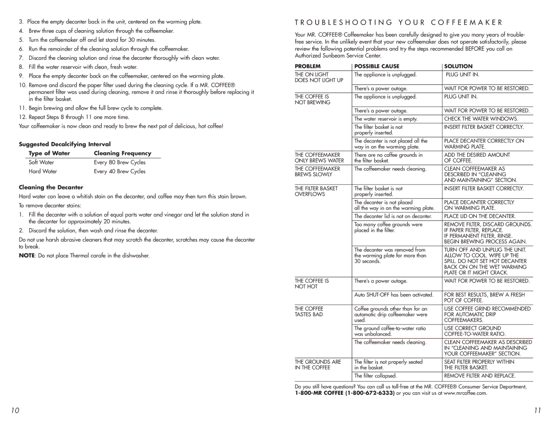 Mr. Coffee VB Series user manual Troubleshooting Y O U R C O F F E E M a K E R, Cleaning the Decanter 