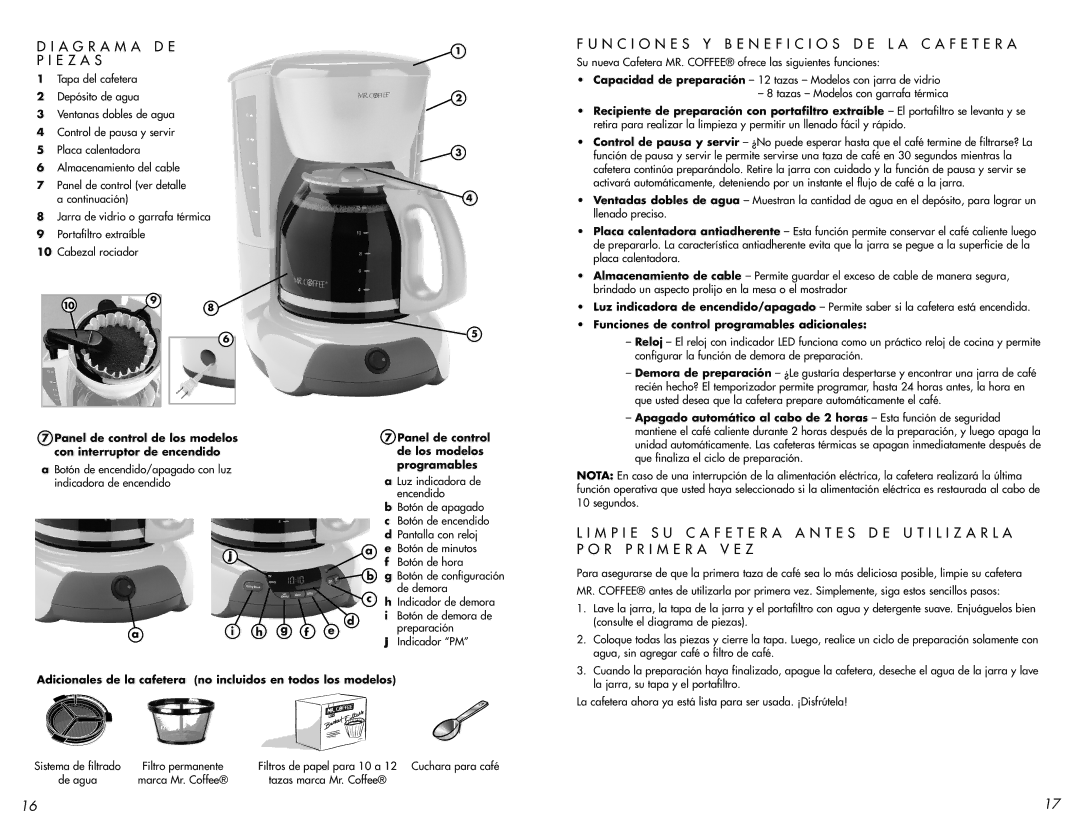 Mr. Coffee VB Series user manual A G R a M a D E E Z a S, N C I O N E S Y B E N E F I C I O S D E L a C a F E T E R a 