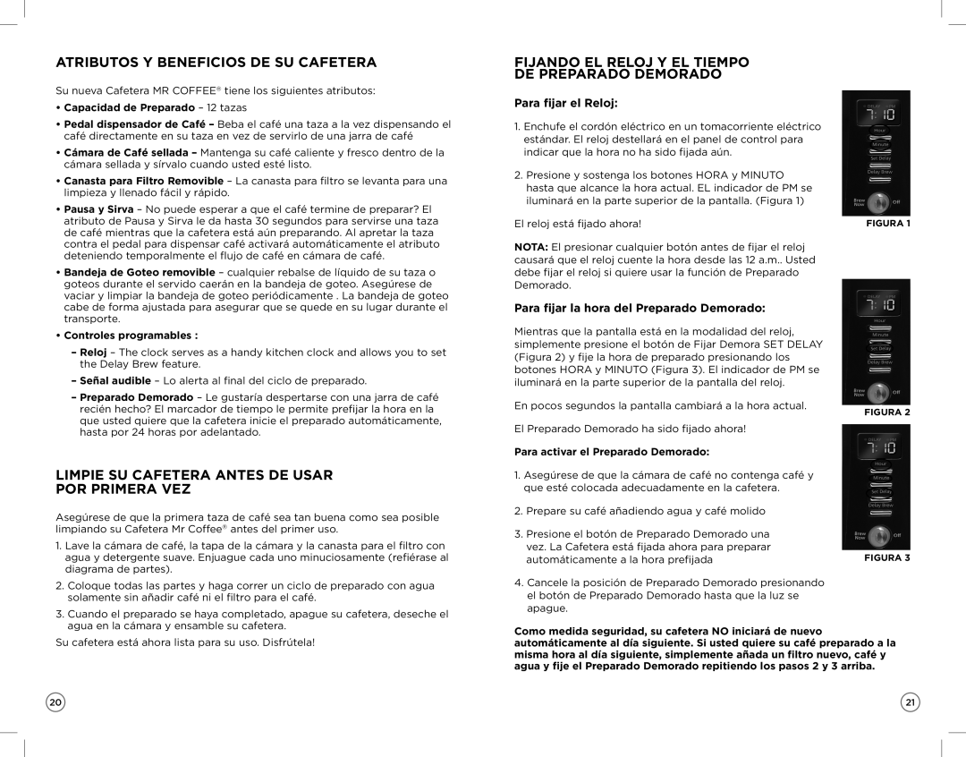 Mr. Coffee ZH Atributos Y Beneficios DE SU Cafetera, Limpie SU Cafetera Antes DE Usar POR Primera VEZ, Para fijar el Reloj 