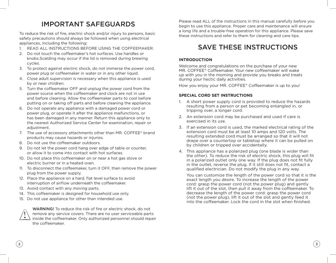 Mr. Coffee ZH manual Important Safeguards, Read ALL Instructions Before Using the Coffeemaker 