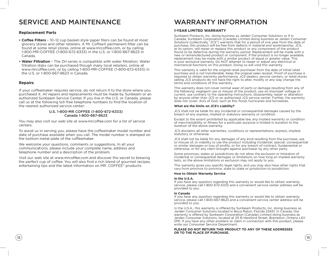 Mr. Coffee ZH manual Service and Maintenance, Warranty Information, Replacement Parts, Repairs, Year Limited Warranty 