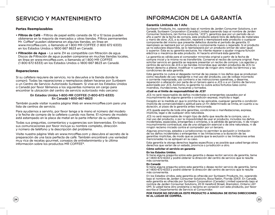 Mr. Coffee ZH manual Servicio Y Mantenimiento, Informacion De La Garantía, Partes Reemplazables, Reparaciones 