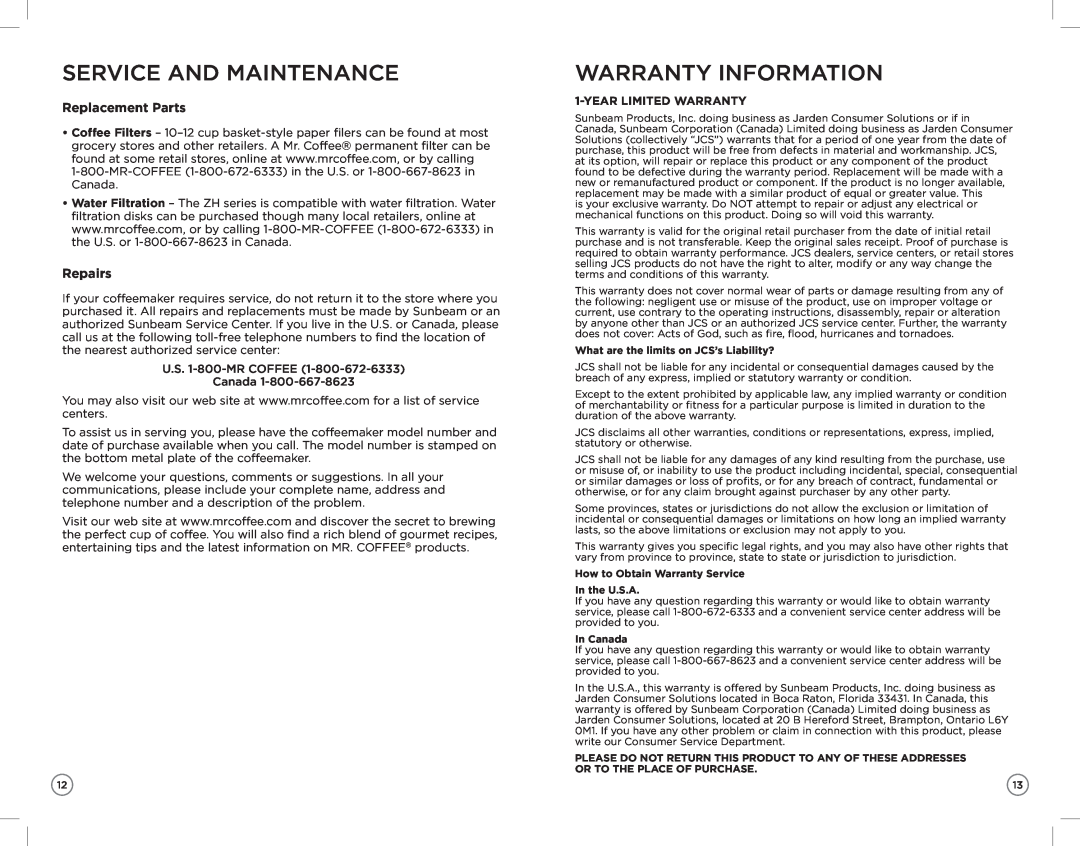 Mr. Coffee ZH manual Service And Maintenance, Warranty Information, Replacement Parts, Repairs, Yearlimited Warranty 