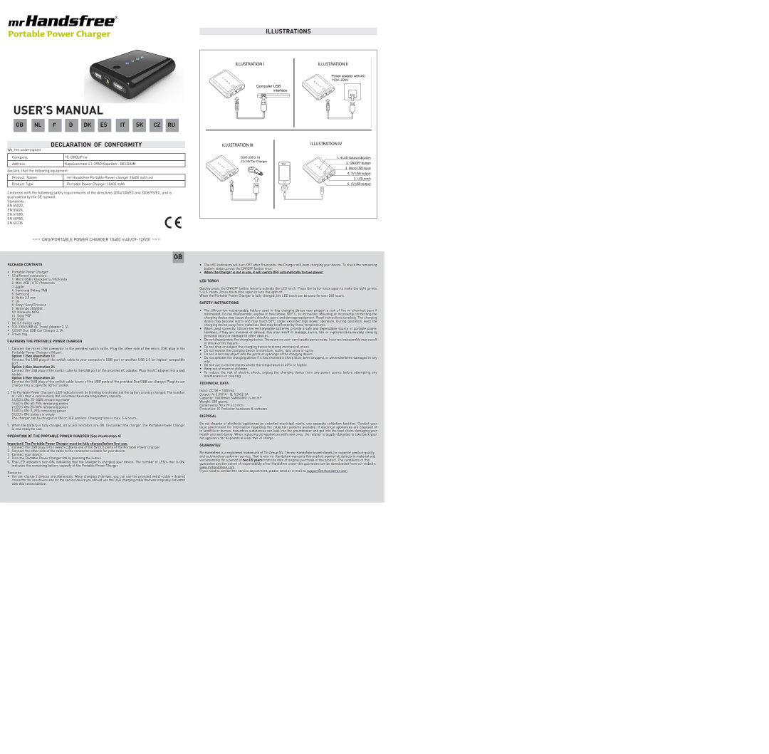 Mr Handsfree 10400mAh user manual Package Contents, Charging the Portable Power Charger, LED Torch, Safety Instructions 