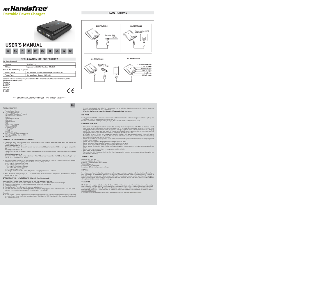 Mr Handsfree 10400mAh user manual User’S Manual, Portable Power Charger, Gb Nl F D Dk Es It Sk Cz Ru, Illustrations 