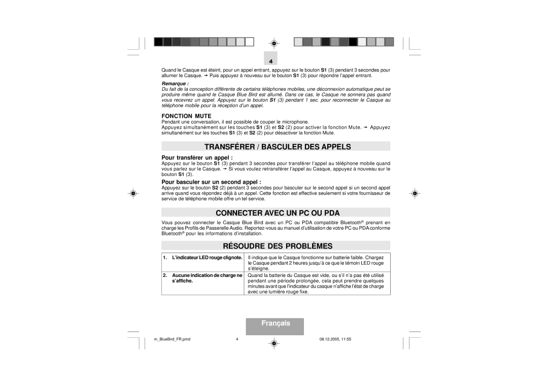 Mr Handsfree Blue Bird manual Transférer / Basculer DES Appels, Connecter Avec UN PC OU PDA, Résoudre DES Problèmes 