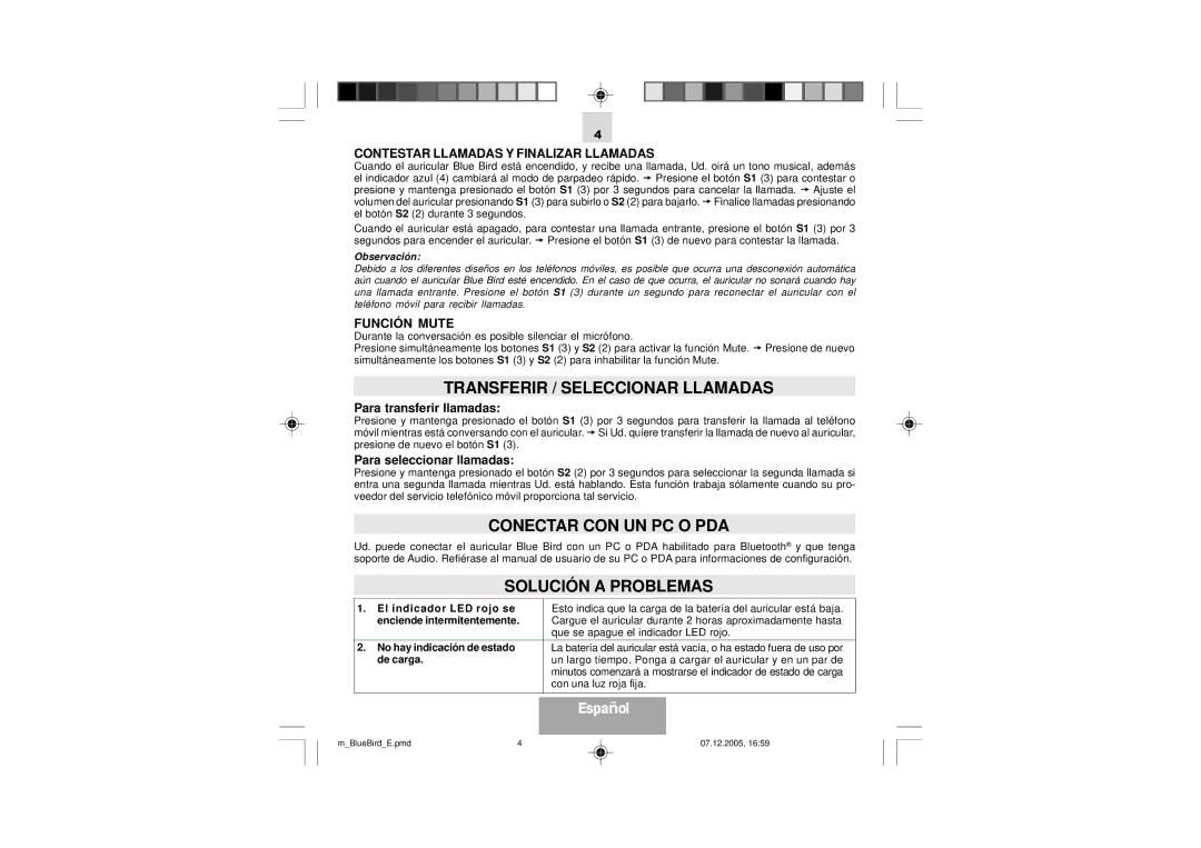 Mr Handsfree Blue Bird manual Conectar CON UN PC O PDA, Solución a Problemas, Contestar Llamadas Y Finalizar Llamadas 