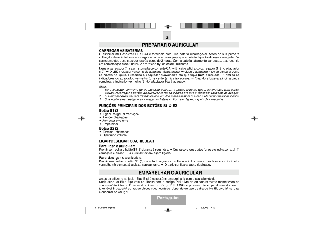 Mr Handsfree Blue Bird Português, Carregar AS Baterias, Funções Principais DOS Botões S1 & S2, LIGAR/DESLIGAR O Auricular 