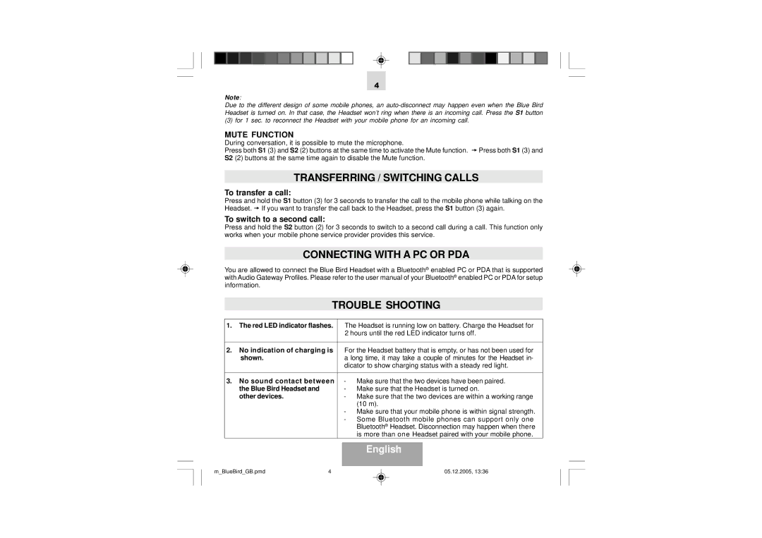 Mr Handsfree Blue Bird manual Transferring / Switching Calls, Connecting with a PC or PDA Trouble Shooting, Mute Function 