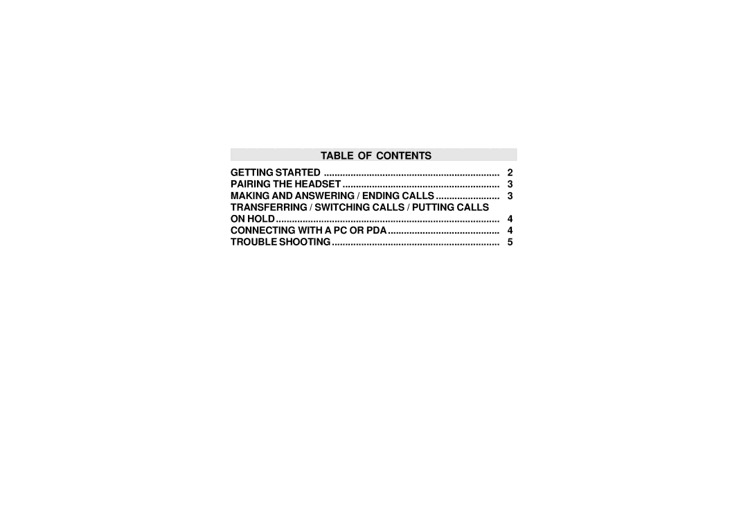 Mr Handsfree Blue Butterfly II manual Table of Contents, Transferring / Switching Calls / Putting Calls On Hold 