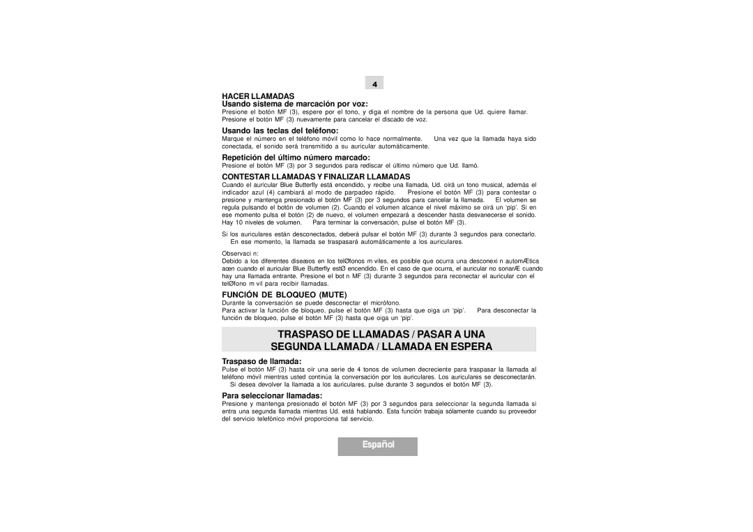Mr Handsfree Blue Butterfly II manual Hacer Llamadas, Contestar Llamadas Y Finalizar Llamadas, Función DE Bloqueo Mute 