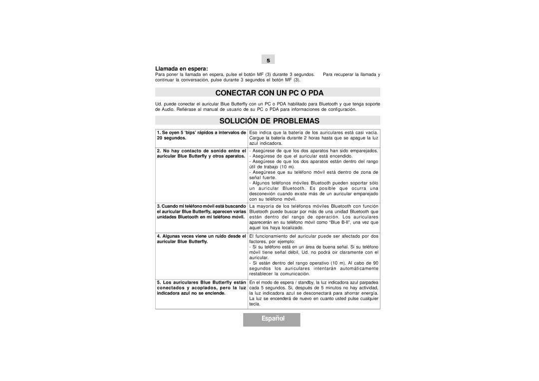 Mr Handsfree Blue Butterfly II manual Conectar CON UN PC O PDA, Solución DE Problemas, Llamada en espera 