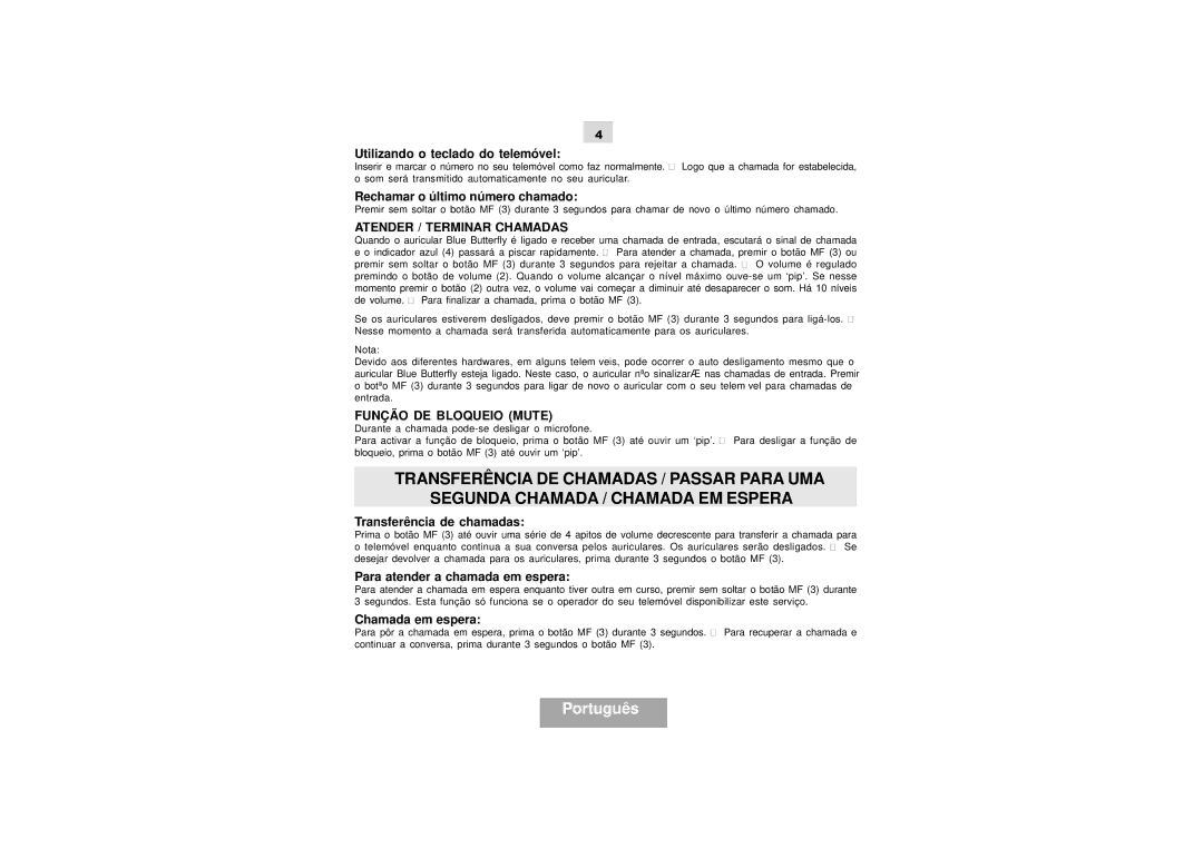 Mr Handsfree Blue Butterfly II manual Atender / Terminar Chamadas, Função DE Bloqueio Mute 