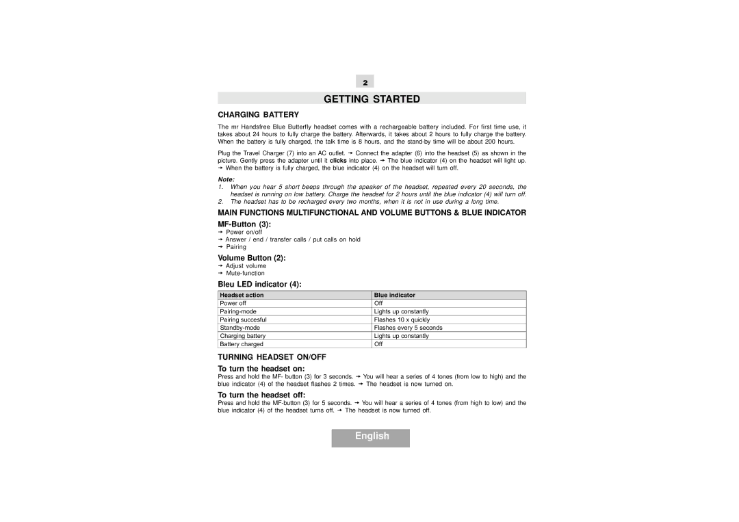 Mr Handsfree Blue Butterfly II manual Getting Started, Charging Battery, Turning Headset ON/OFF 