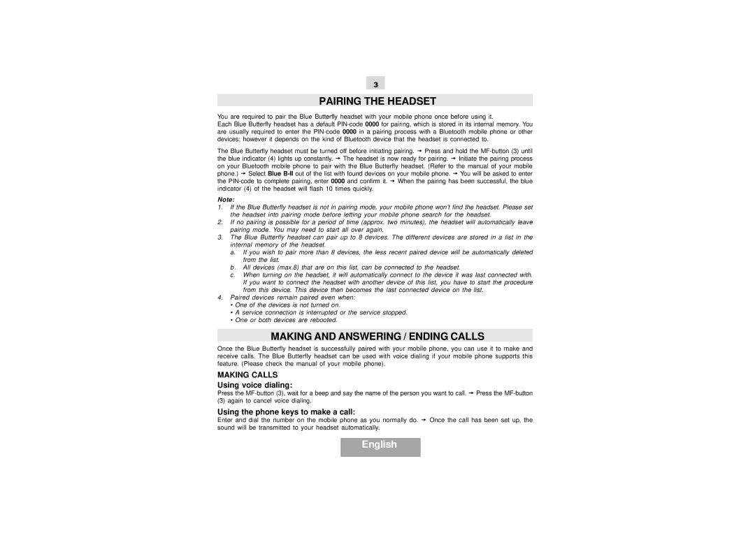 Mr Handsfree Blue Butterfly II Pairing the Headset, Making and Answering / Ending Calls, Making Calls, Using voice dialing 