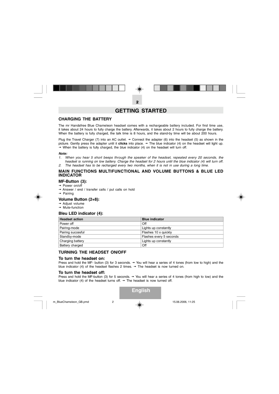 Mr Handsfree Blue Chameleon manual Getting Started, Charging the Battery, Turning the Headset ON/OFF 