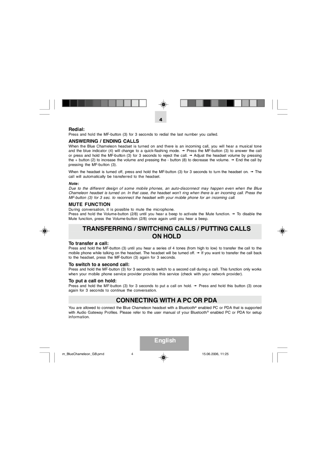 Mr Handsfree Blue Chameleon manual Transferring / Switching Calls / Putting Calls On Hold, Connecting with a PC or PDA 