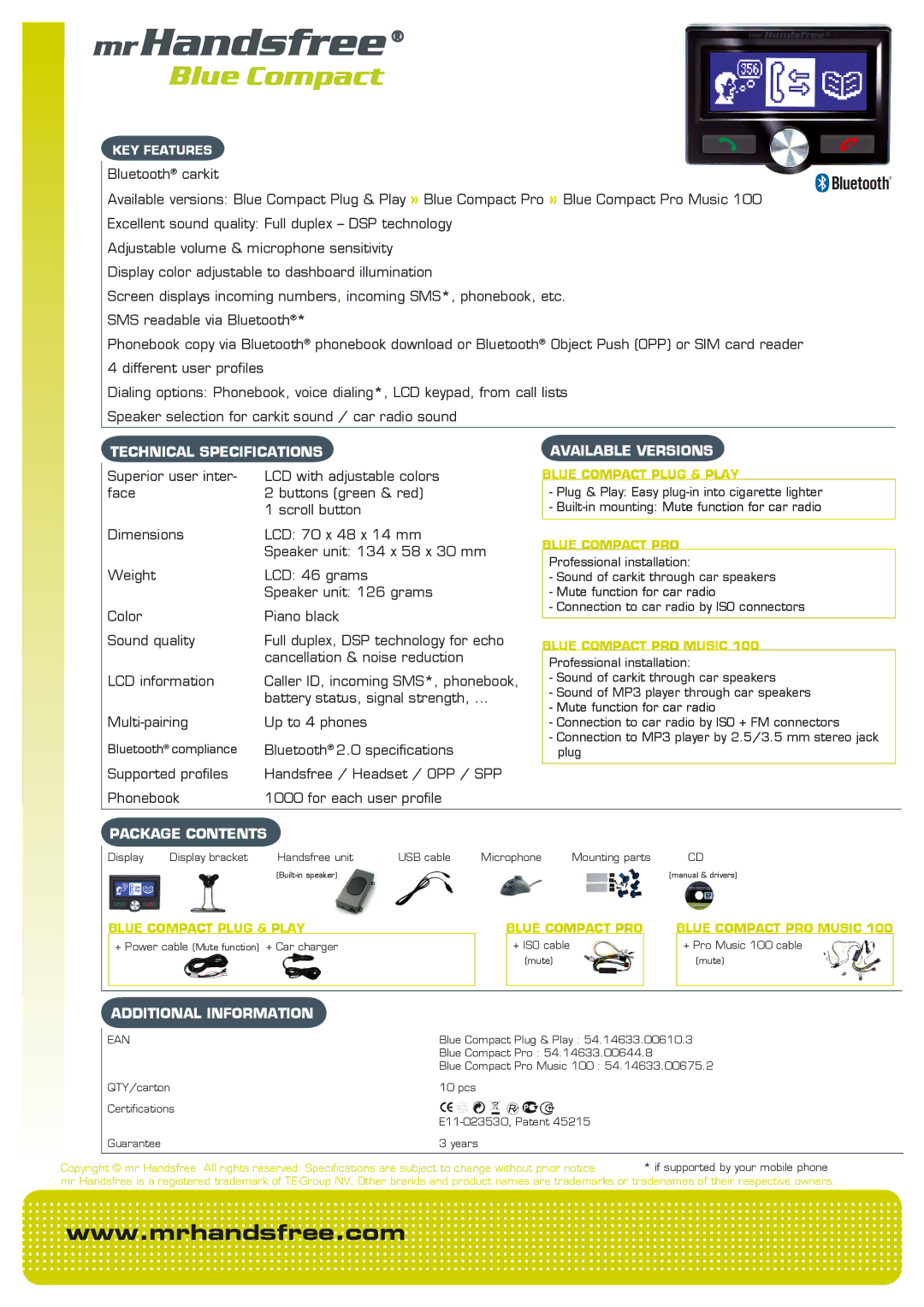 Mr Handsfree blue compact specifications Available Versions, Package Contents 