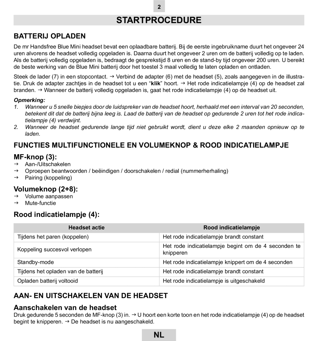 Mr Handsfree BLUE MINI manual Startprocedure, Batterij Opladen, AAN- EN Uitschakelen VAN DE Headset 