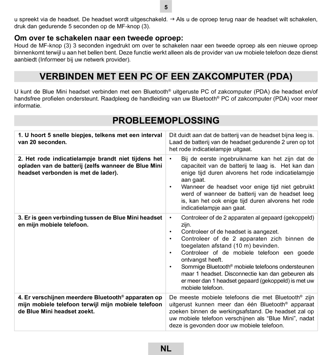 Mr Handsfree BLUE MINI manual Verbinden MET EEN PC of EEN Zakcomputer PDA, Probleemoplossing 