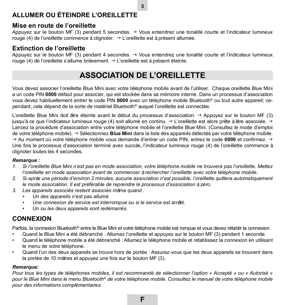 Mr Handsfree BLUE MINI manual Association DE L’OREILLETTE, Allumer OU Éteindre L’OREILLETTE, Mise en route de l’oreillette 